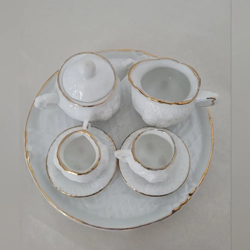 Micro Porcelain Tea Set Display White Gold Trim Tea Party Dollhouse Mini Size